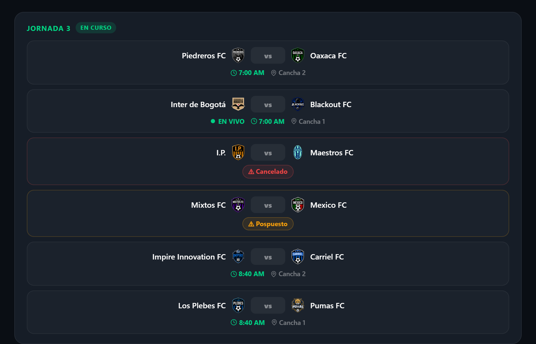 Rol de juegos real de una jornada en Liga Manager PRO, con horarios, canchas y estados de partido (en vivo, cancelado, pospuesto)