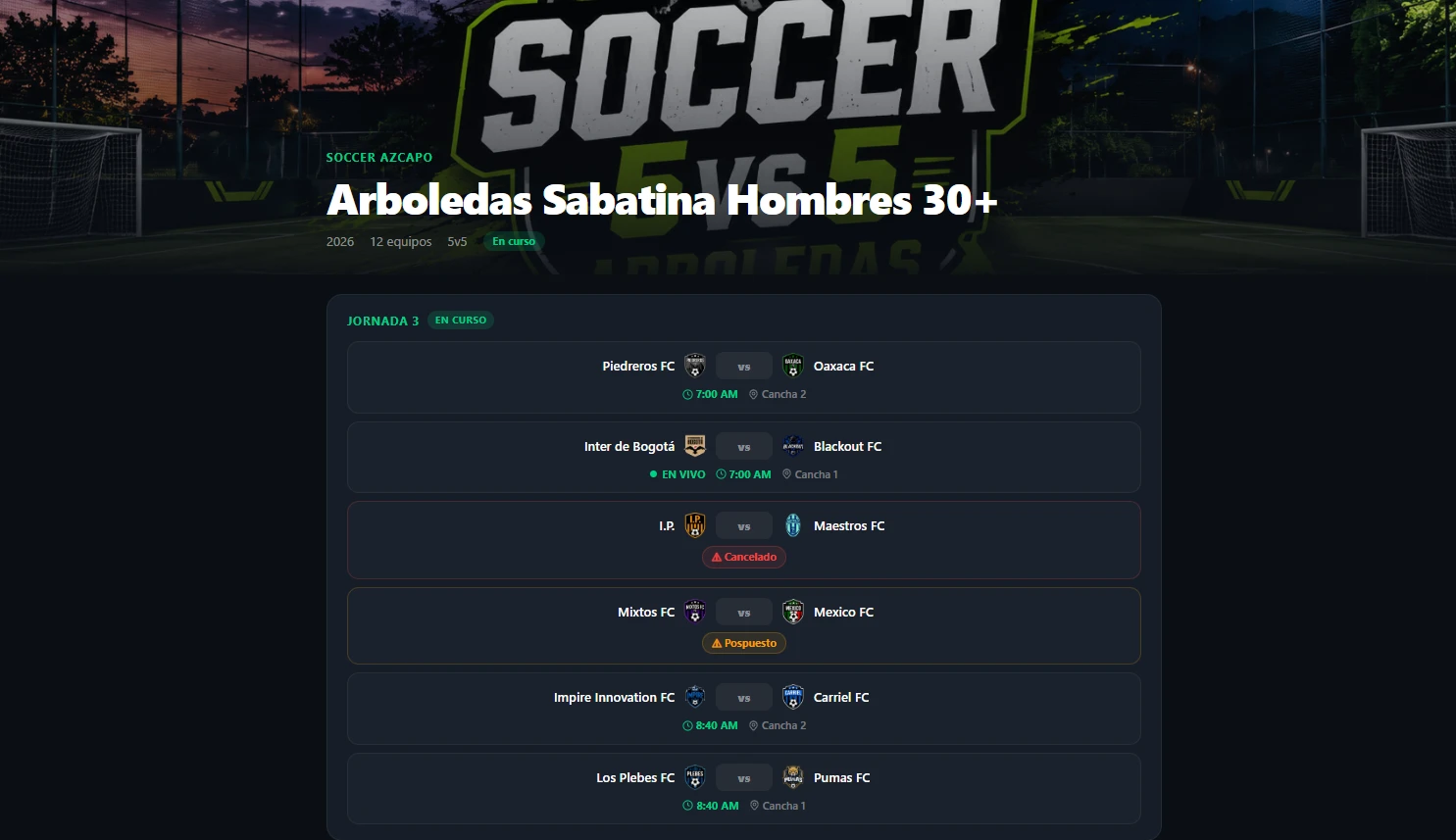 Página pública real de una liga en Liga Manager PRO con banner, jornada en curso y partidos en vivo